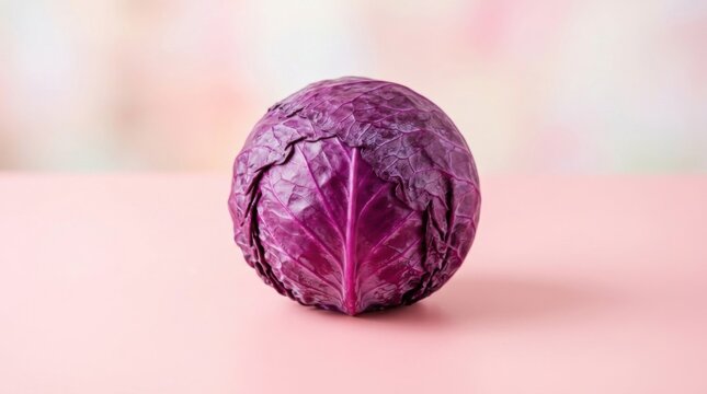 Fresh Whole Purple Cabbage on Pink Background with Copy Space