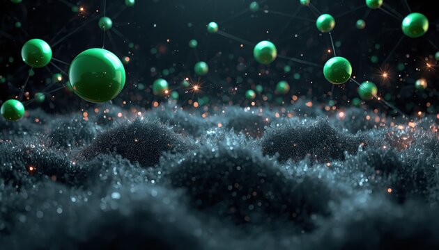 Floating green spheres hovering above a dark textured terrain with abstract background dark surface molecular structure floating balls 3D render glowing particles chemistry model digital