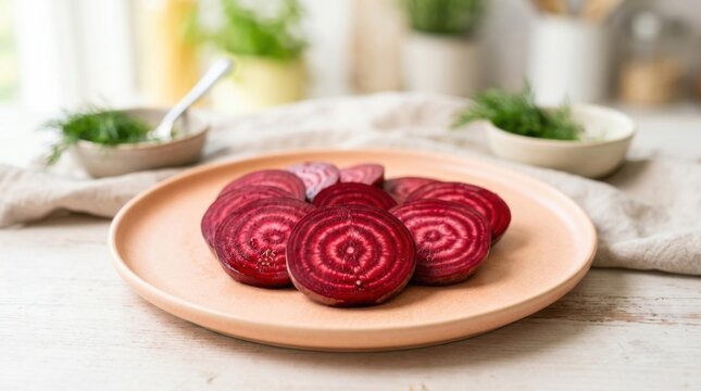 Sliced red beets with rings on a pastel peach background