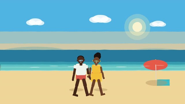 Pixel art animation couple walking on tropical beach ocean vacation loop