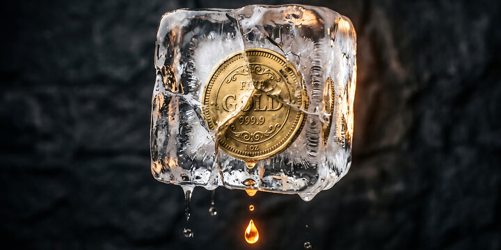 Gold bullion coin frozen inside ice cube melting against dark textured background represents liquidity crisis wealth preservation or market volatility.