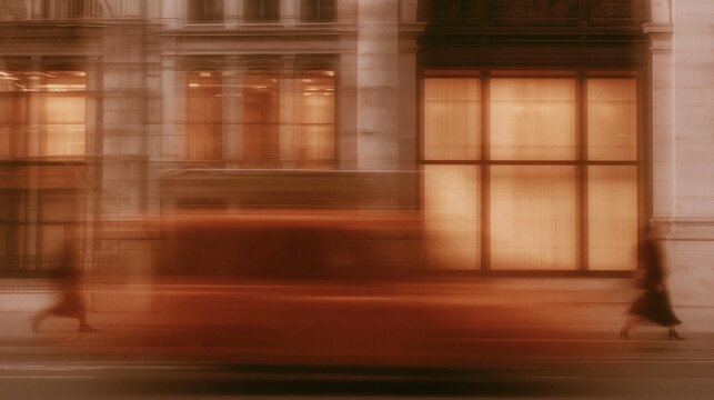 Blurred pedestrians passing warmly lit urban building facade