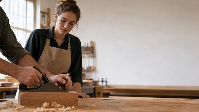 A young female apprentice watching a master carpenter planing a piece of wood in a bright woodworking workshop with man