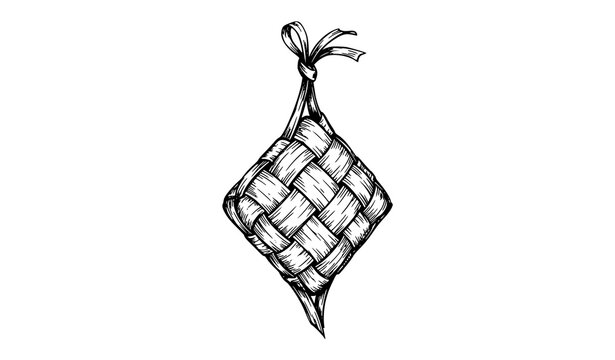 Ketupat rice cake hand drawn line art woven palm leaf Eid Mubarak Ramadan traditional food vector illustration