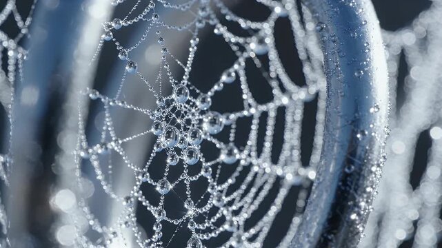 Dewdrops clinging to a delicate spiderweb with water droplets