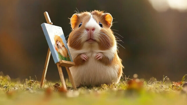 A cute, fluffy brown and white guinea pig stands beside a tiny easel holding a painted portrait on lush green grass