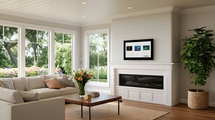 Obraz premium Modern living room with large beige sofa wooden coffee table and mounted smart display above fireplace