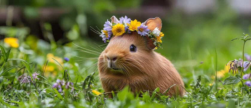A cute brown rodent, possibly a guinea pig, wearing a colorful flower crown sits in vibrant green grass amidst scattered wildflowers