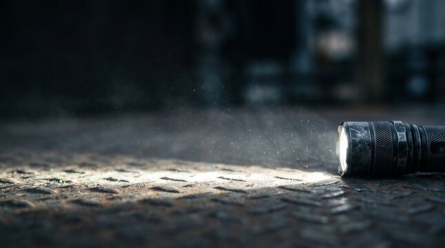 Flashlight beam illuminating a dark textured metal surface with dust particles in the air