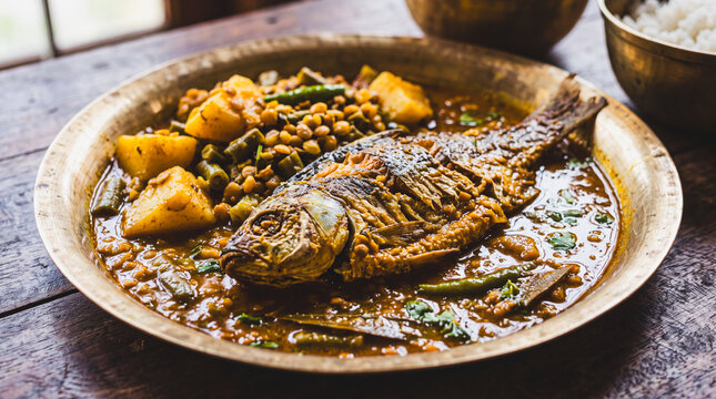 Traditional Assamese Whole Fish Curry with Lentils and Potatoes Served in an Authentic Brass Kahi Platter on a Rustic Wooden Table