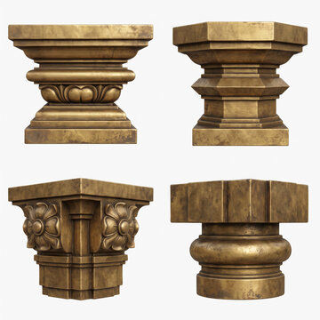 Compact classical column capitals and bases with floral molding, stepped profiles, recessed bands, and carved architectural details