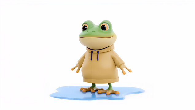 水たまりに立つフード付き上着のカエルの3Dキャラクター