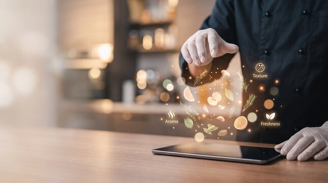 Professional chef interacting with holographic food ingredients above modern digital tablet screen inside warm bright kitchen environment with blurred background