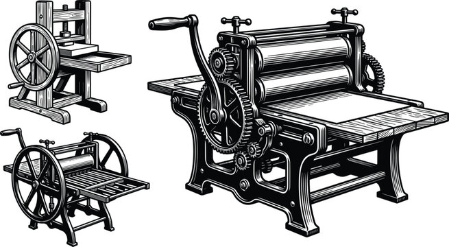 Vintage printing press machine vector set featuring retro woodcut engraving style manual roller mechanism icons for publishing houses