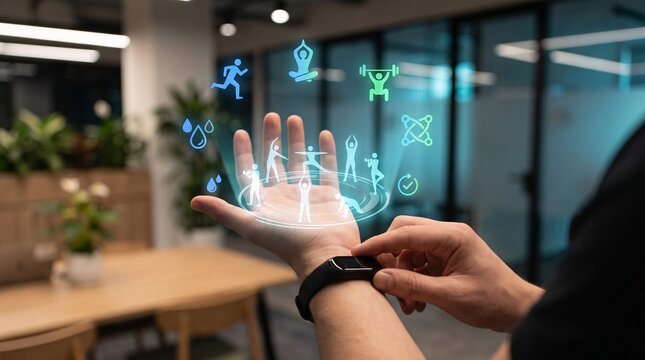 Futuristic digital fitness interface projected from a smart wearable device on a person wrist displaying exercise statistics and health icons
