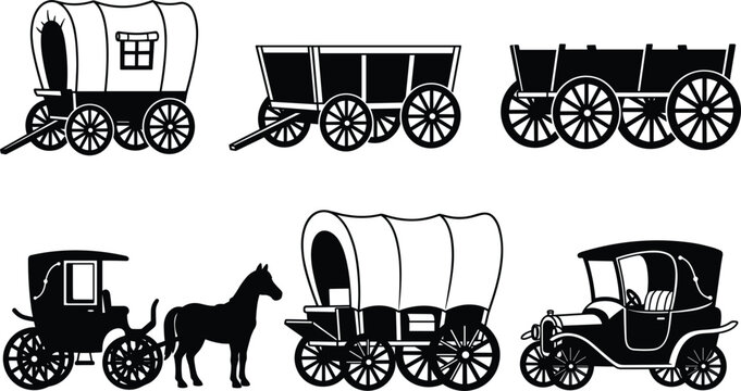Vintage carriage and wagon silhouette icon set vector featuring wild west covered wagons horse carts and early classic retro automobiles