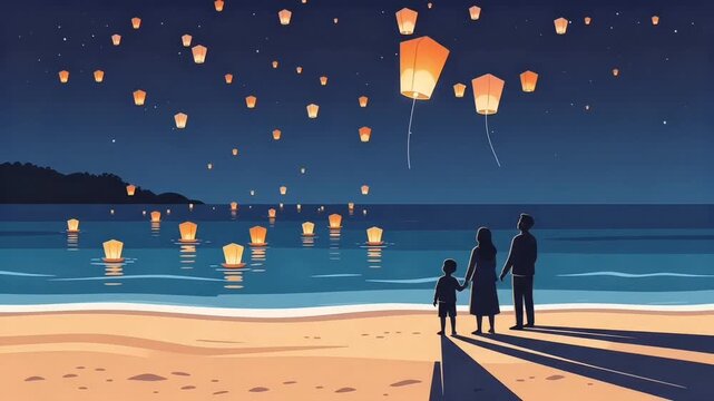 People Releasing Sky Lanterns on Night Beach Shore, Spooky Halloween Celebration Scene