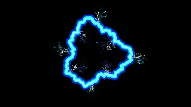 Abstract glowing blue neon frame with energetic lightning bolt electricity effects