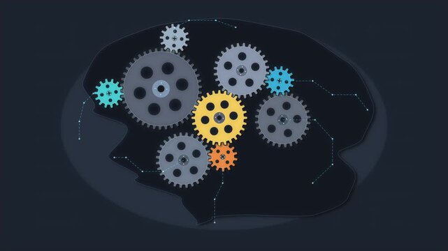 Animated gears spinning inside a brain icon loop