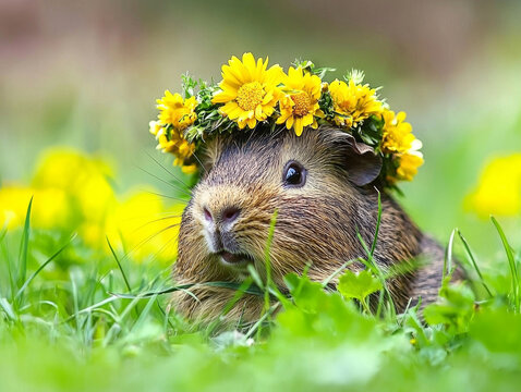 A fluffy brown guinea pig wears a vibrant yellow flower crown, resting in bright green grass with cheerful blurred yellow blooms