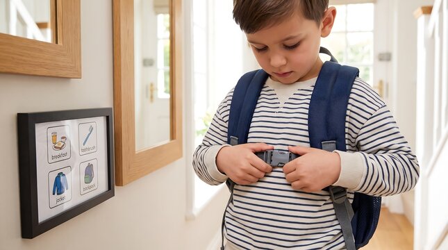 Child Practicing Backpack Buckles Independently Before School