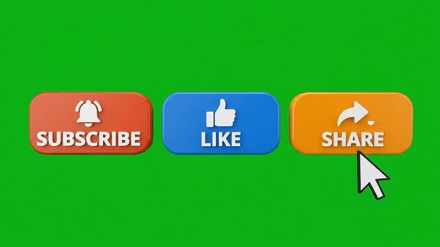Subscribe, like, and share button animation footage with mouse cursor clicking icons on green screen background