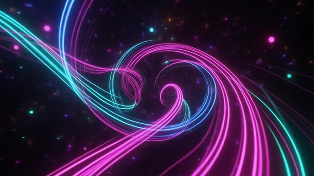 Glowing neon light trails spiraling in dark space with pink and cyan curves and glittering particles abstract background
