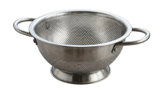Isolated stainless steel kitchen colander for draining pasta and rinsing vegetables transparent background