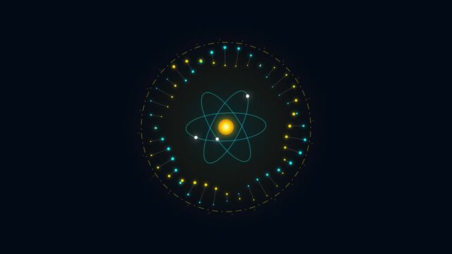 Animated Atom Model with Rotating Electrons and Circular Data Ring on Dark Background