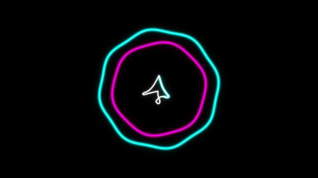 Abstract neon glowing rings in cyan and magenta with a center white scribble design
