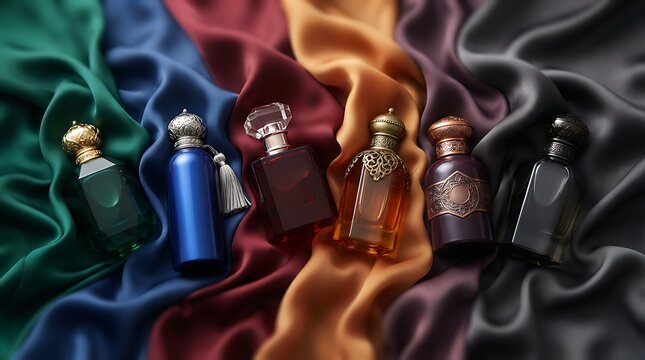 Luxury perfume bottles arranged on vibrant silk fabric with copy space
