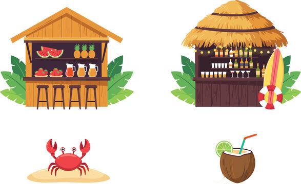 Tropical beach tiki bar vector set with wooden cocktail hut fruit kiosk cute crab on sand and coconut drink