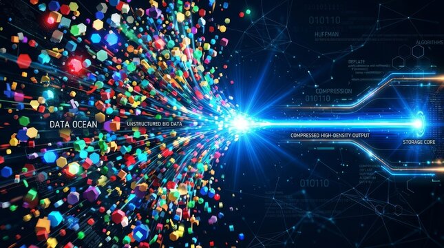 Data compression transforming unstructured big data into high density output through core storage