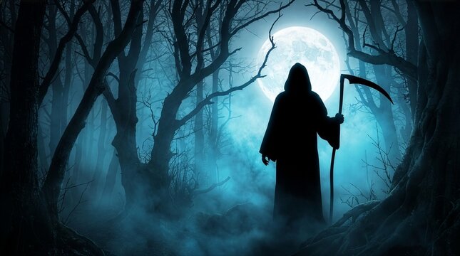 A mysterious hooded grim reaper silhouette standing in a dark foggy forest under a full moon at night
