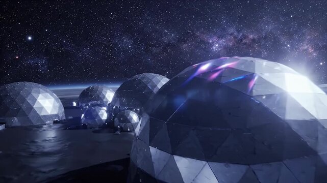 Geodesic domes under a starlit galaxy sky