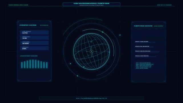 hud loop animation with cyber interface, data globe and tech graphs