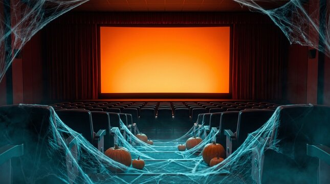 Pumpkins and spider webs inside an empty movie theater with a glowing orange blank cinema screen with decorate floor