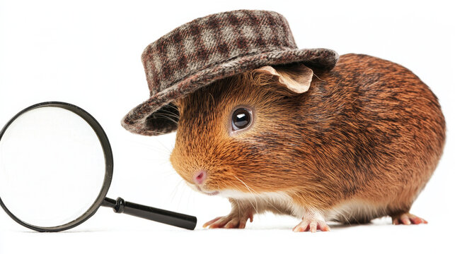 A guinea pig in a brown tweed-patterned hat, standing beside a magnifying glass on a bright white background