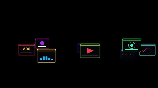 Set of neon line art web browser windows displaying various digital marketing and interface elements