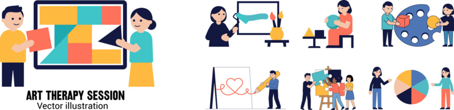 Art therapy session 2d vector illustration depicting creative expression and emotional well-being