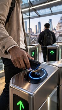 Man pays at turnstile with smartphone in contactless payment. Hand holds phone over glowing reader while transit gate waits beside him and another traveler stands ahead in modern station.