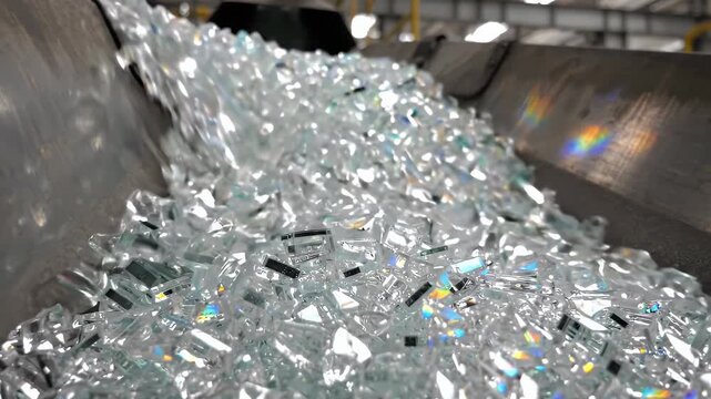 Glass cullet cascades down industrial chute