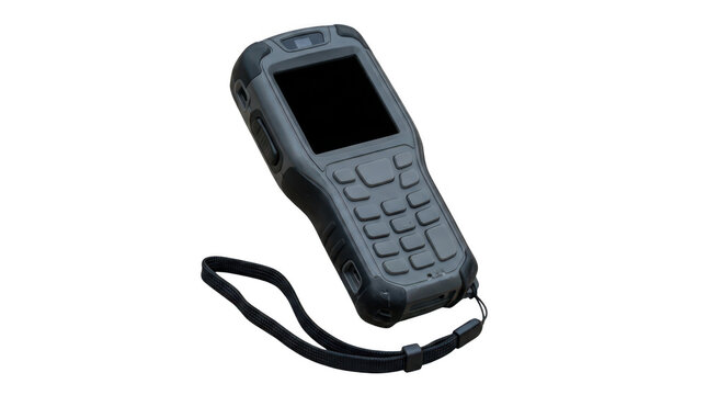 Rugged industrial handheld barcode scanner device with black screen and wrist strap isolated on white background transparent background