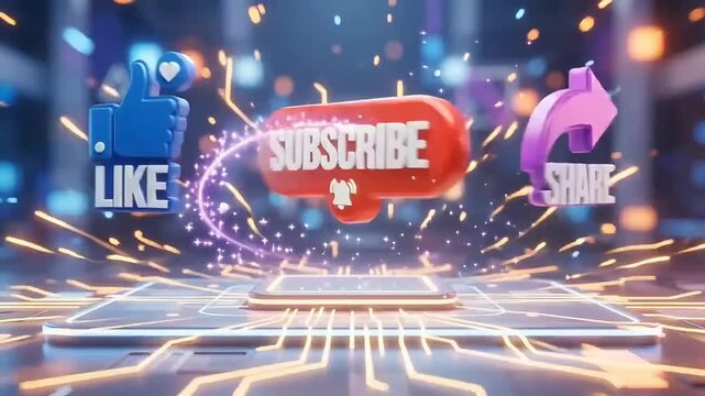Subscribe button graphic animation with like and share icons glowing brightly in dynamic motion footage
