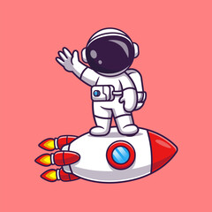 Cartoon astronaut waving while standing on a flying rocket ship © Sumon 