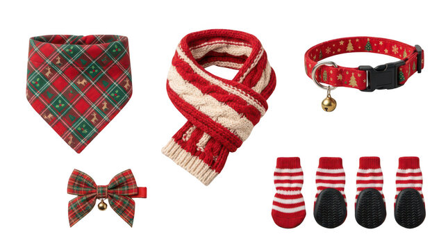 Set of festive pet accessories including scarf bandana collar bow and socks for christmas transparent background