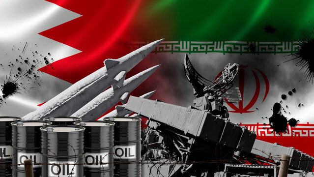 Bahrain-Iran War, Impact on Oil Price Volatility. Energy-related conflicts and geopolitical risks affect Bahrain and Iran oil markets. Visual elements include the Bahraini and Iranian national flags