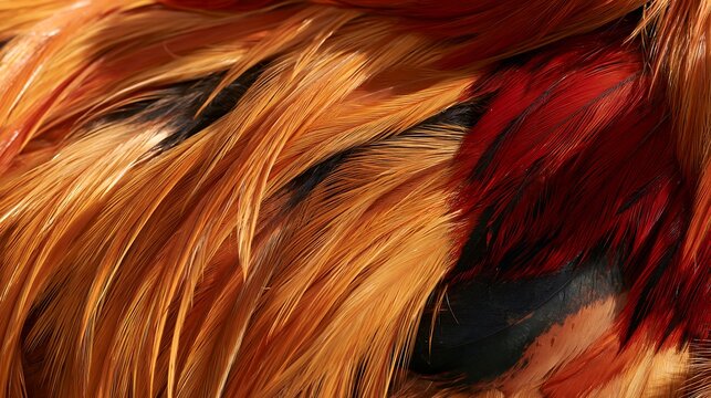 Close-up texture of vibrant orange and red chicken feathers with black markings showing soft downy details and layered plumage patterns