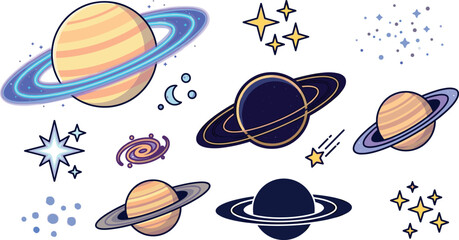 Outer Space Planets and Solar System Vector Icon Set Featuring Saturn Rings Sparkling Stars Shooting Meteors and Spiral Galaxy Illustrations © mannan