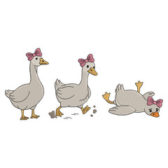 Cute Goose Trio with Pink Bows in Playful Standing, Walking and Falling Poses on White Background © DUNG NGUYEN HUU